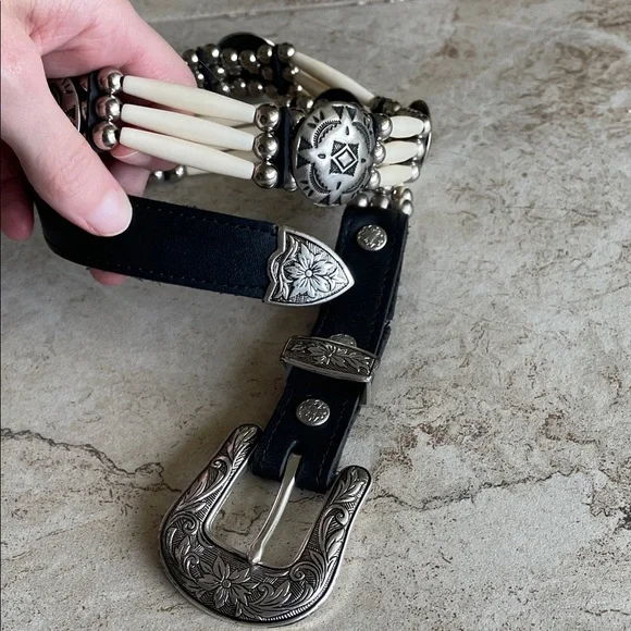 Concho Real leather Western Style Black Cream Belt Silver faux bone festival - Picture 14 of 16